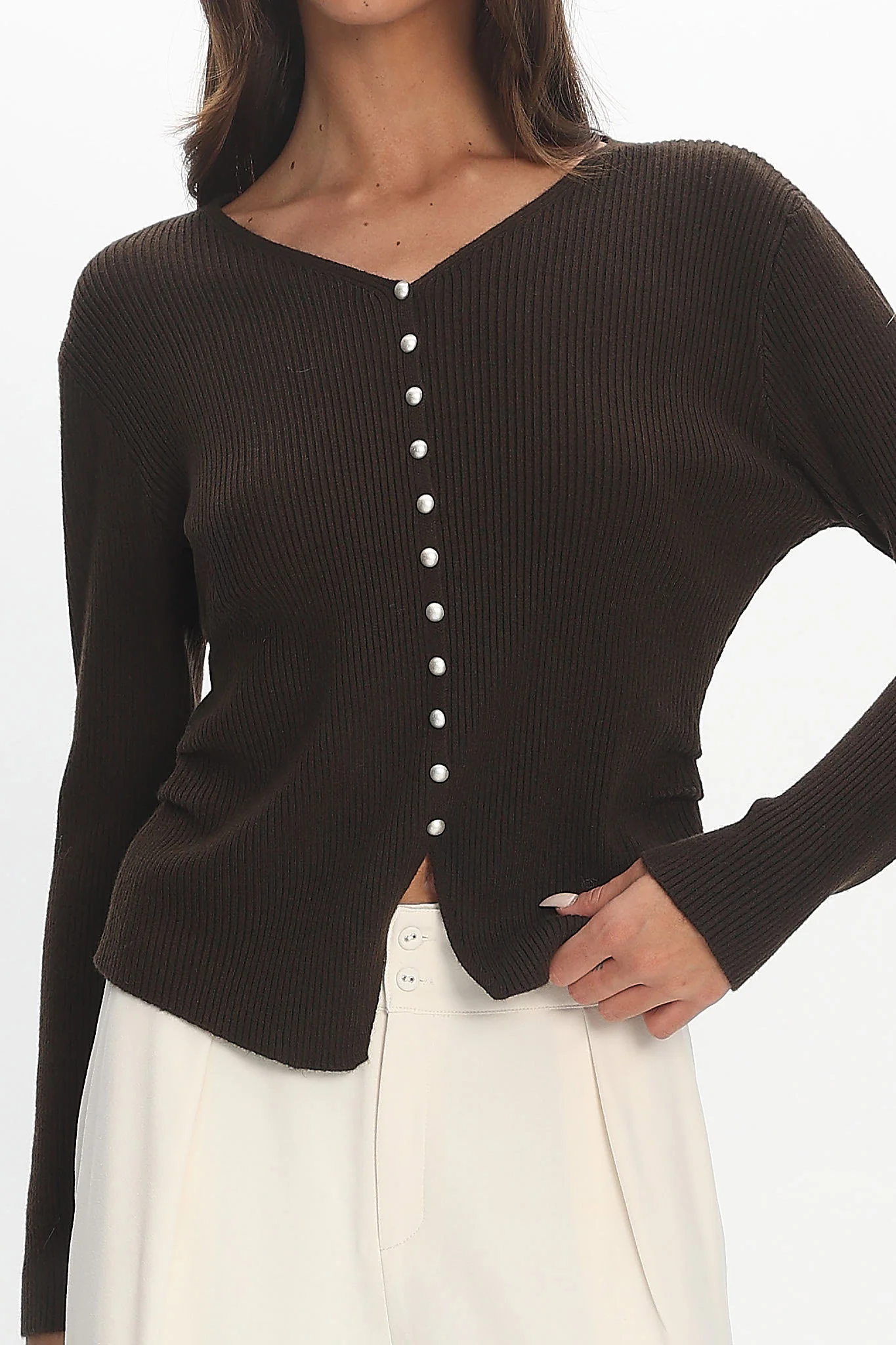 Louiz Button Front Ribbed Knit Cardigan Chocolate - Image 4