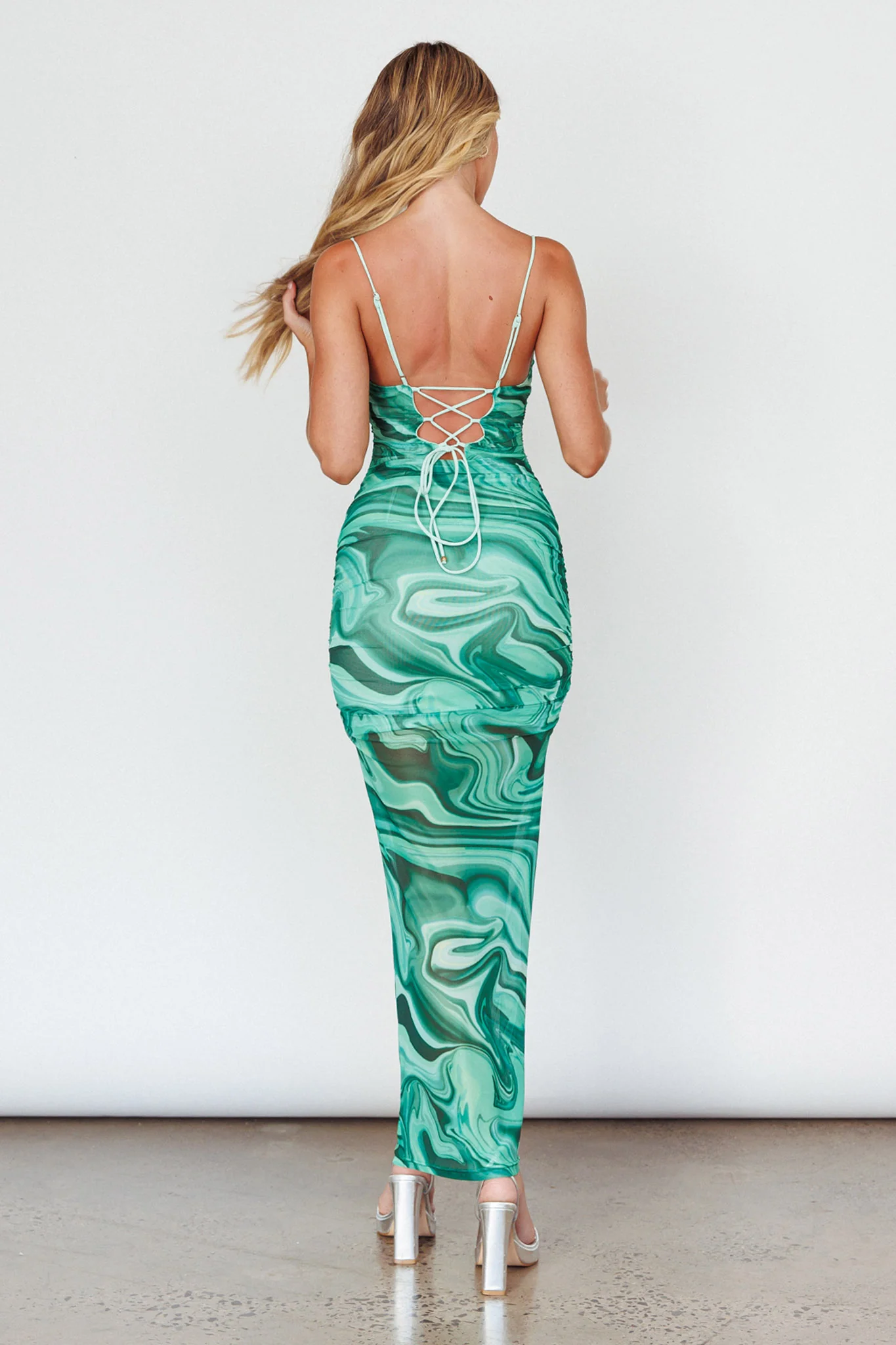 Love In Miami Lace-Up Back Maxi Dress Marble Green - Image 2