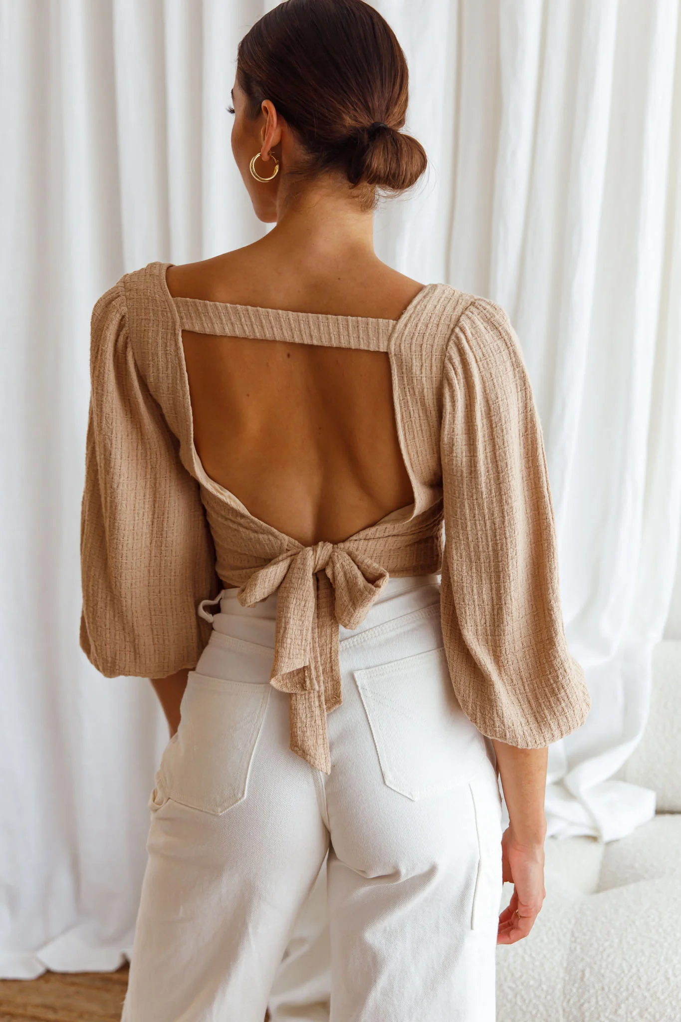 Love Like This Balloon Sleeve Open Back Crop Top Textured Beige - Image 2