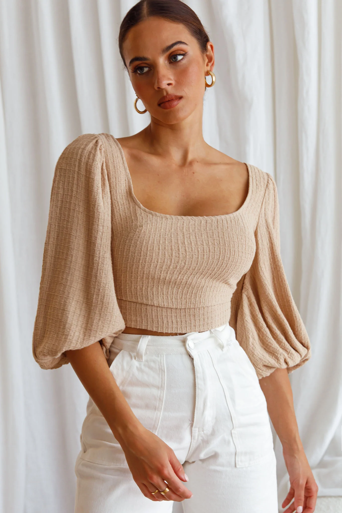 Love Like This Balloon Sleeve Open Back Crop Top Textured Beige - Image 4