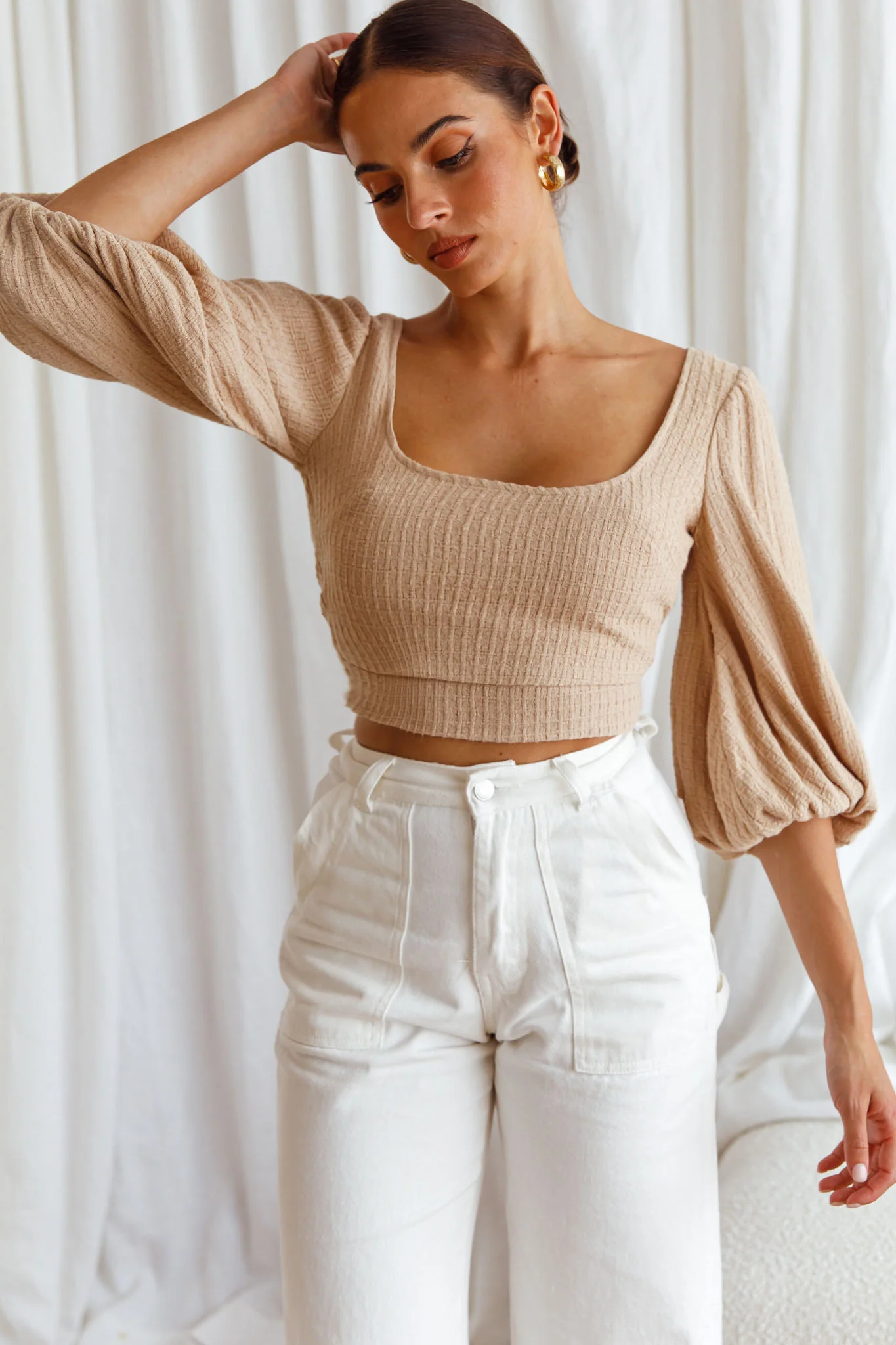 Love Like This Balloon Sleeve Open Back Crop Top Textured Beige - Image 6