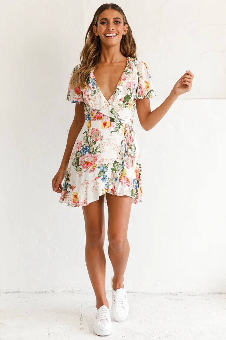 Love Story Angel Sleeve Wrap Dress Floral Print White - Image 2