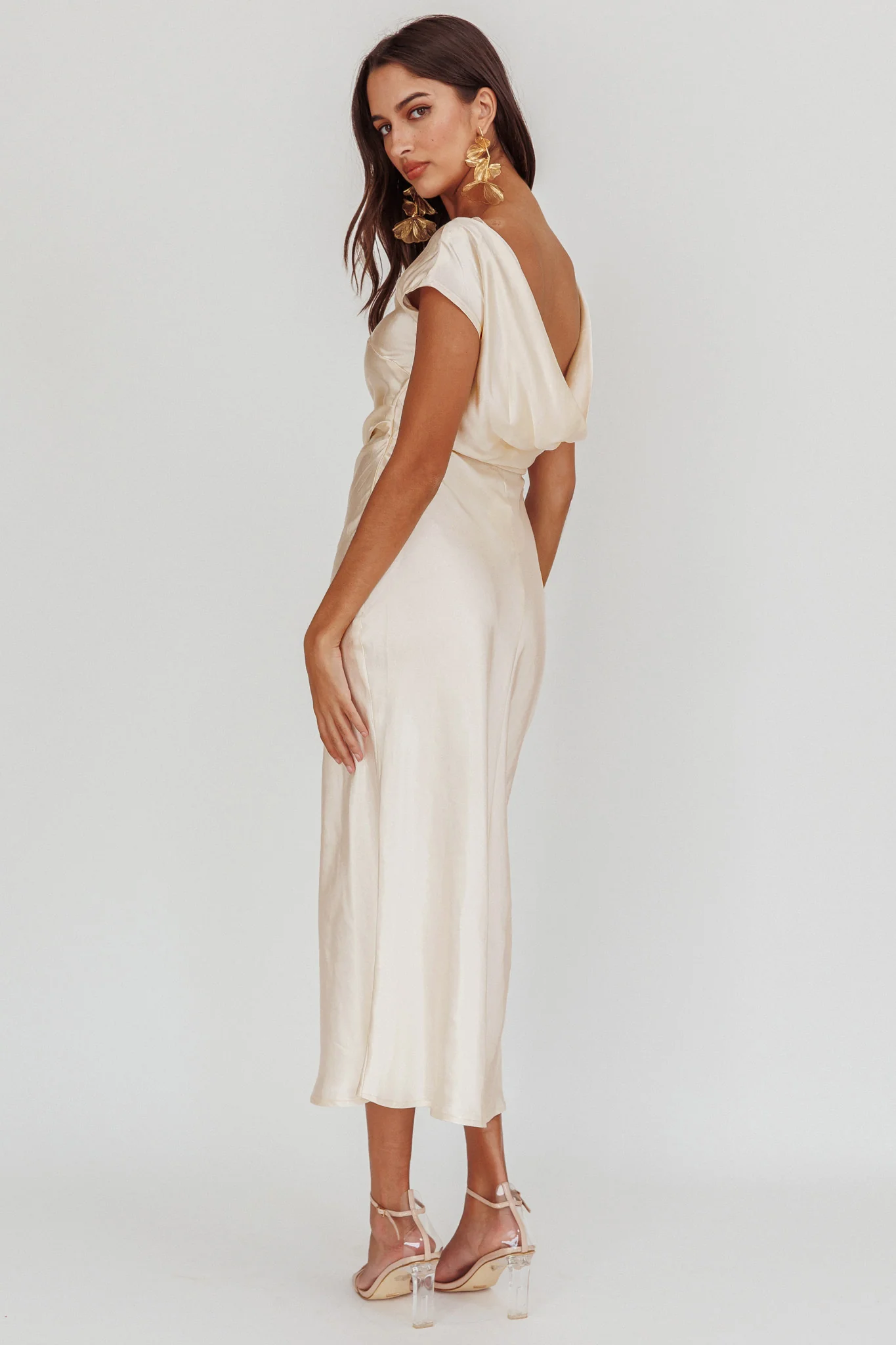 Loveland Cap Sleeve Cowl Back Midi Dress Oyster - Image 3