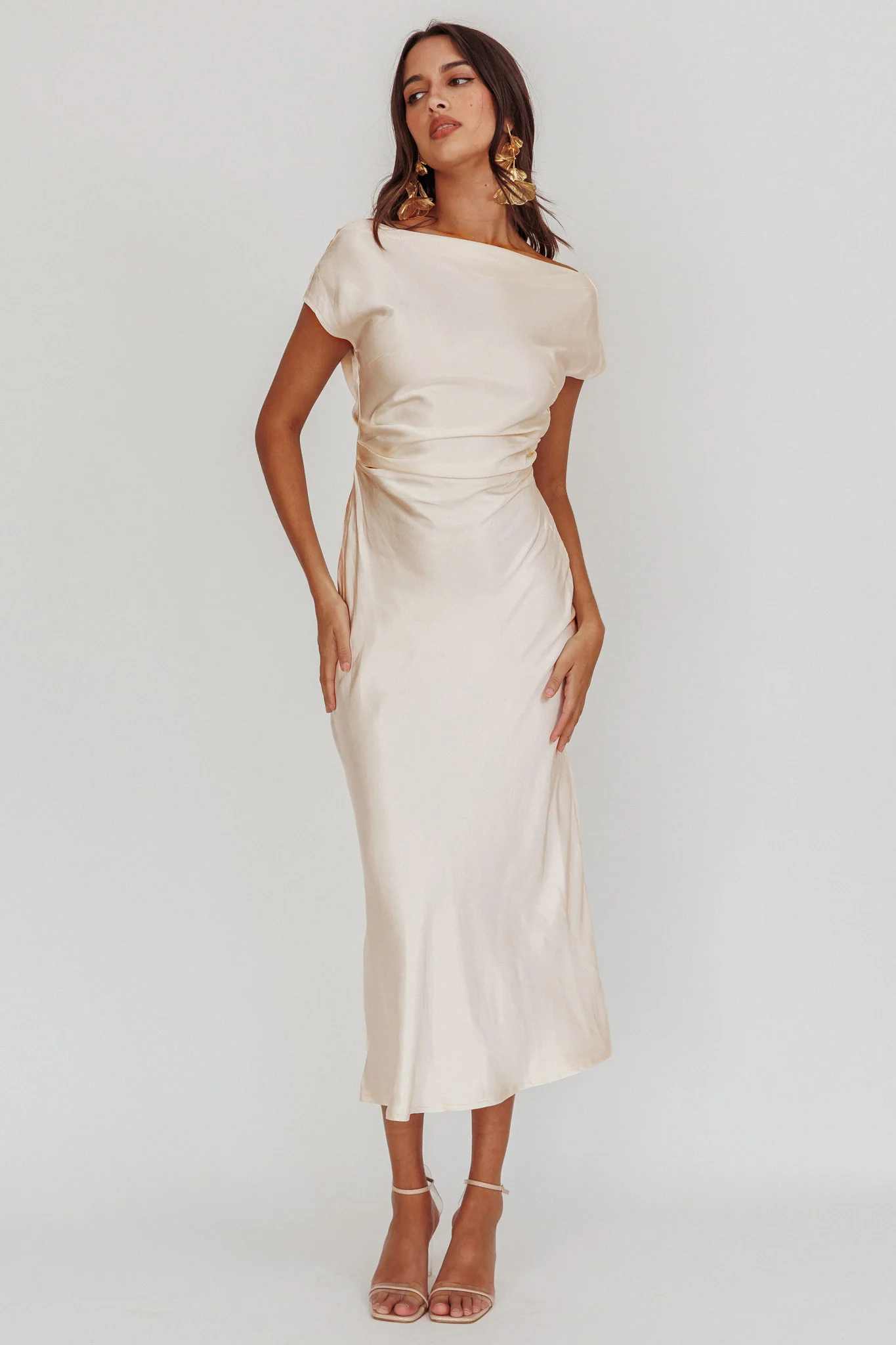 Loveland Cap Sleeve Cowl Back Midi Dress Oyster - Image 5