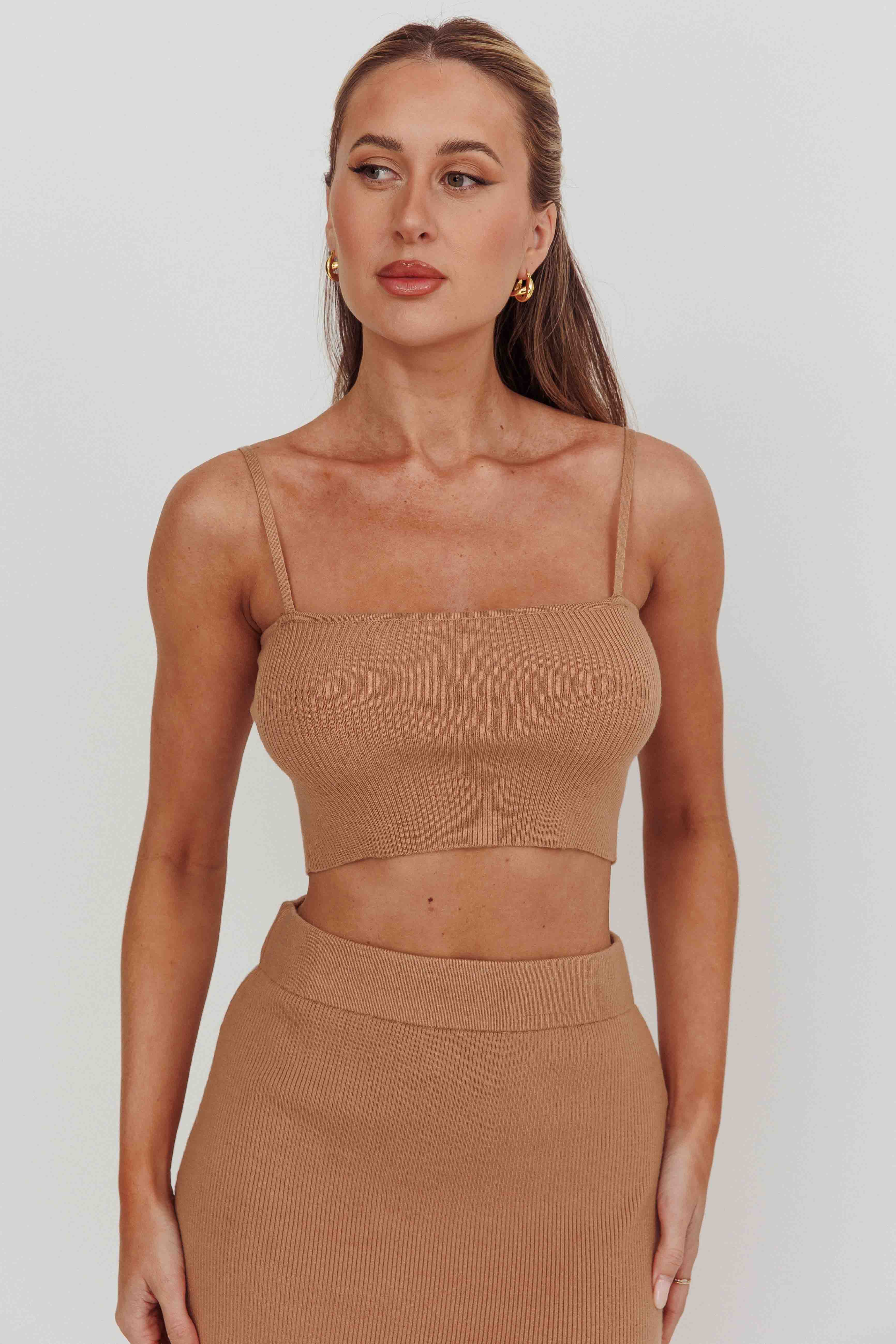 Loverboy Cropped Ribbed Cami Top Camel - Image 5