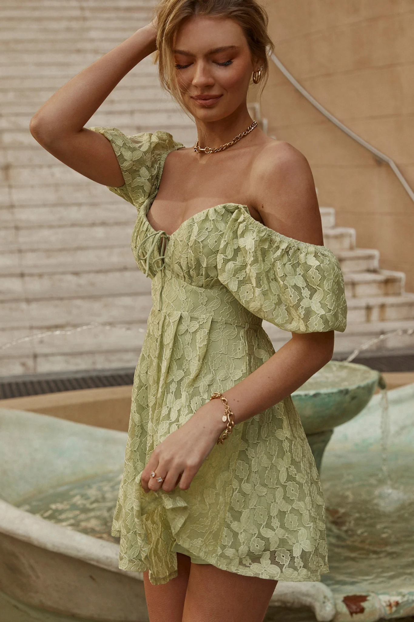 Lovers Gonna Love Puff Sleeve Lace Overlay Dress Sage - Image 3