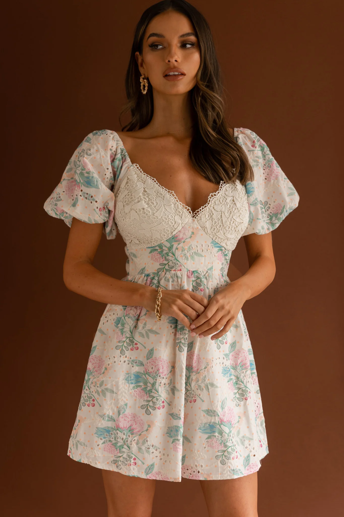 Lovers Lane Lace Trim Puff Sleeve Dress Floral Apricot - Image 5