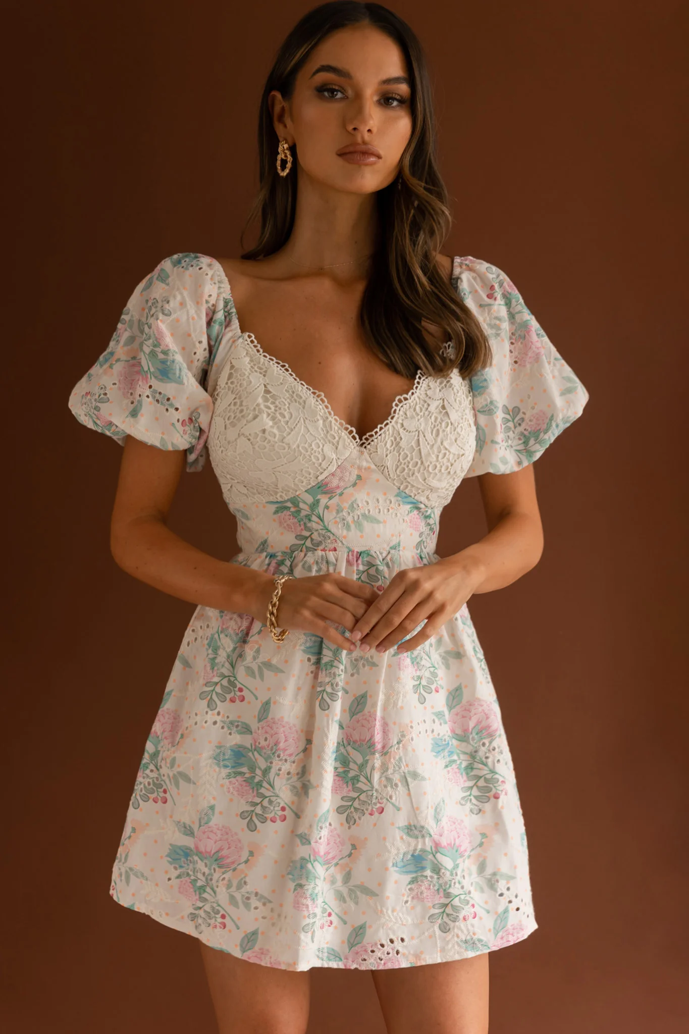 Lovers Lane Lace Trim Puff Sleeve Dress Floral Apricot - Image 6