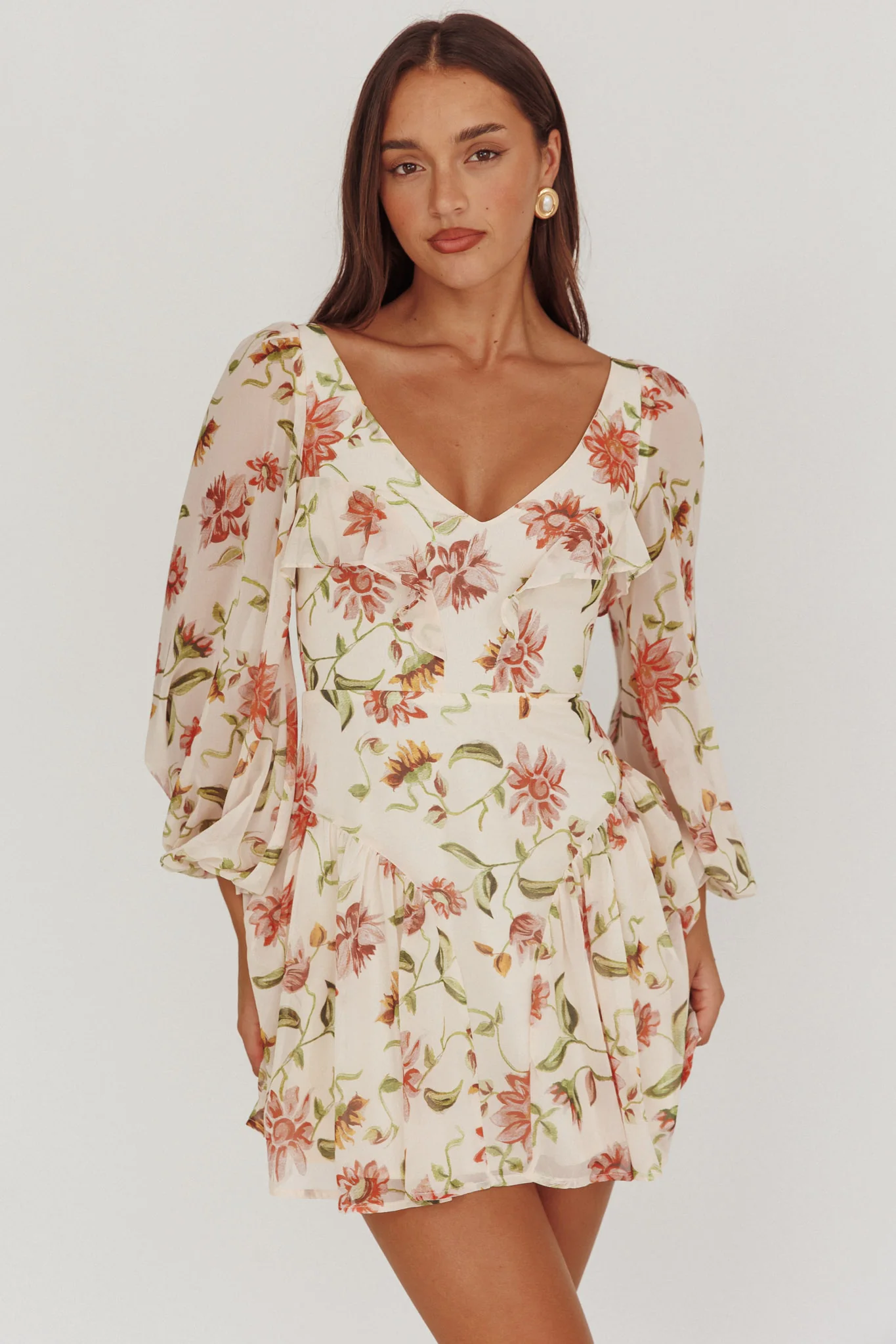 Lucky One Balloon Sleeve Mini Dress Floral Beige - Image 5