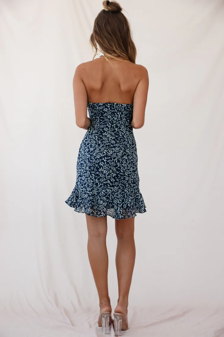 Lucky Tie-Knot Bust Ruffle Hem Mini Dress Leaf Print Navy - Image 3
