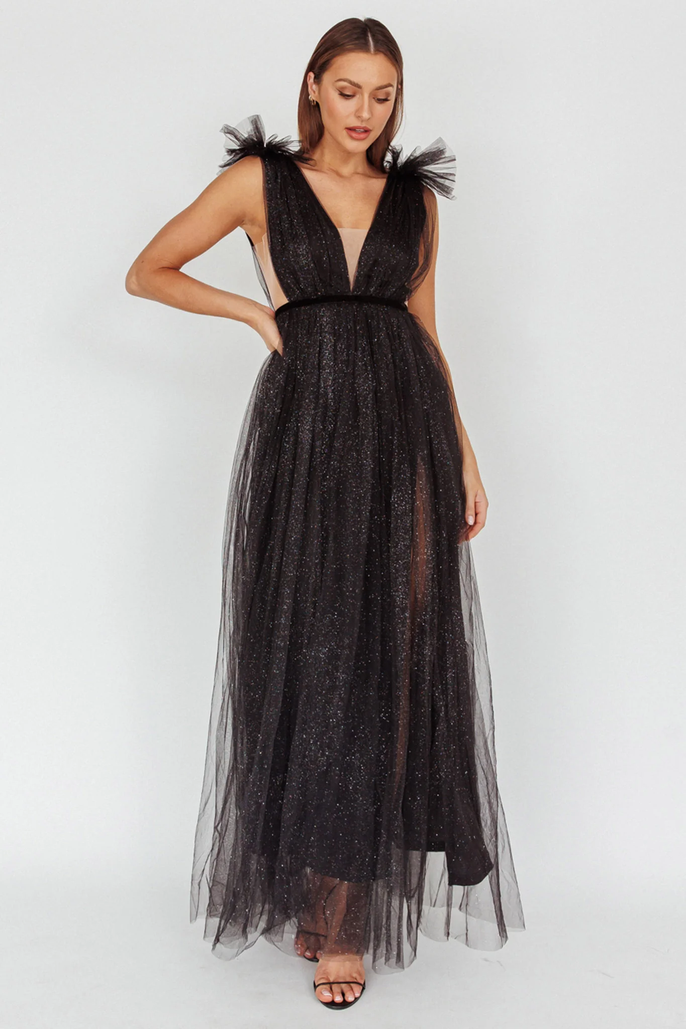 Ludivine Shoulder Accent Mesh Midi Dress Glitter Black - Image 3