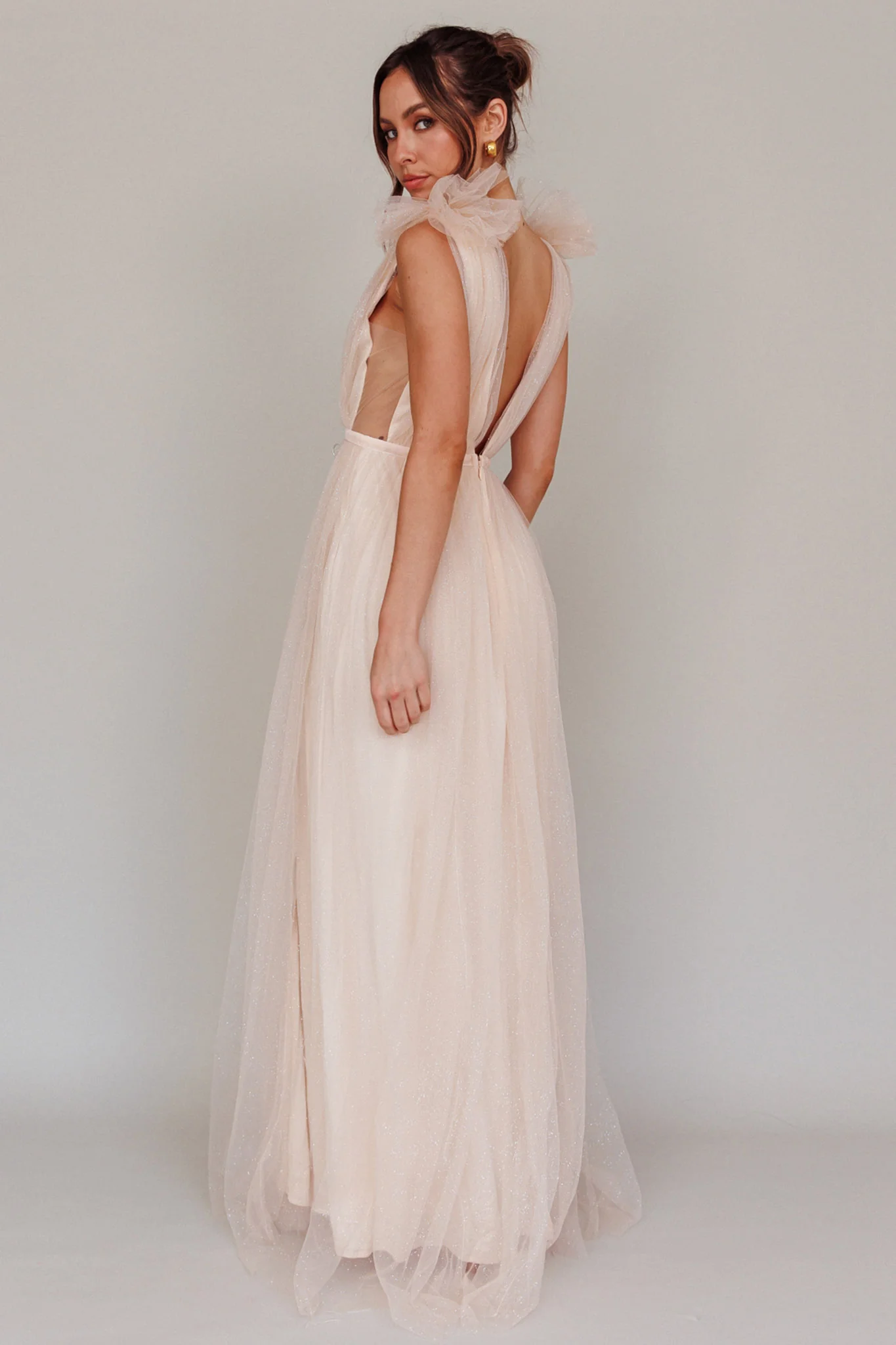 Ludivine Shoulder Accent Mesh Midi Dress Glitter Champagne - Image 2