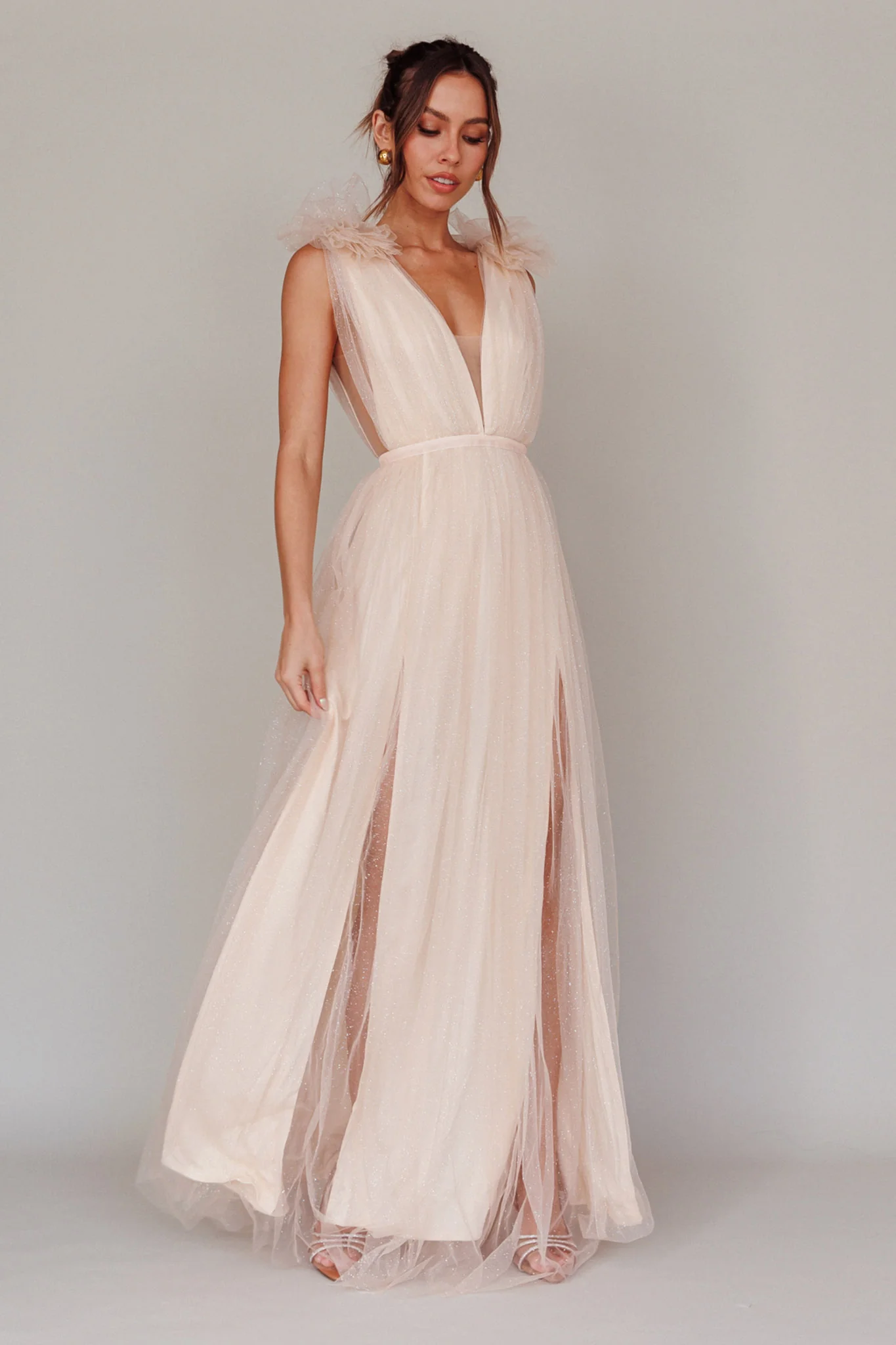 Ludivine Shoulder Accent Mesh Midi Dress Glitter Champagne - Image 3