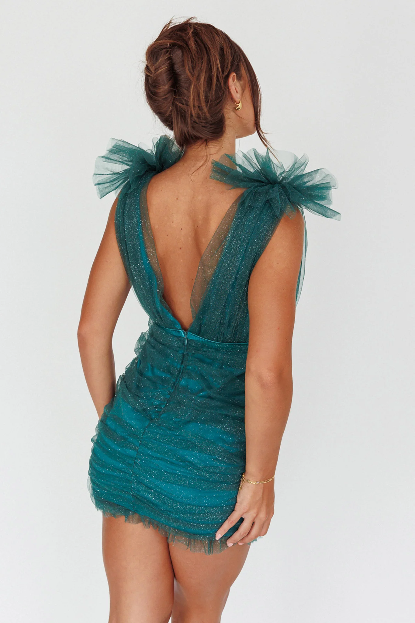 Ludivine Shoulder Accent Mesh Mini Dress Glitter Green - Image 2