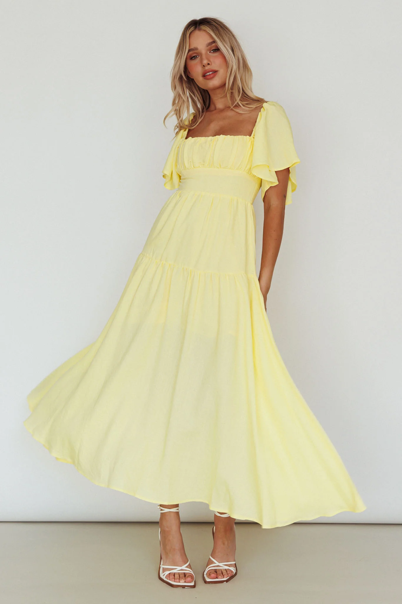 Lula Gathered Bust Midi Dress Lemon - Image 3