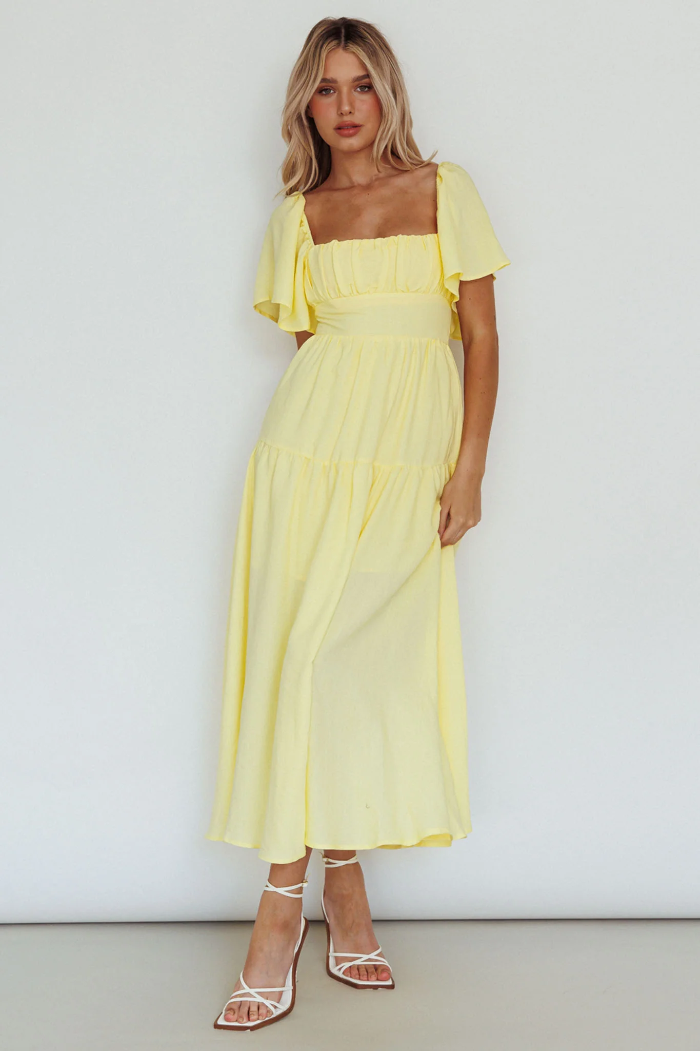 Lula Gathered Bust Midi Dress Lemon - Image 5