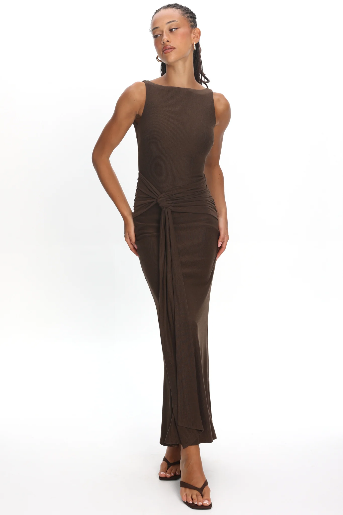 Luli Boat Neck Sash Maxi Dress Chocolate - Image 2