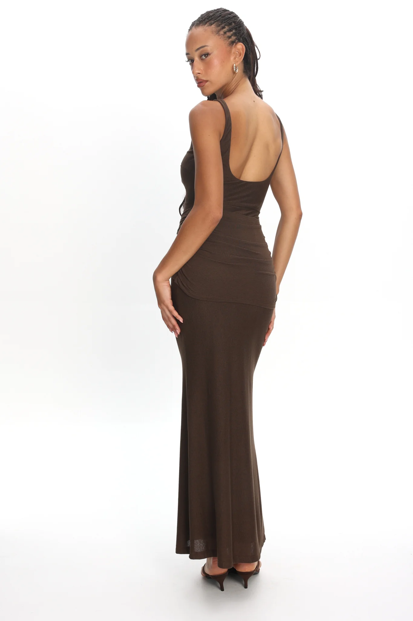 Luli Boat Neck Sash Maxi Dress Chocolate - Image 3
