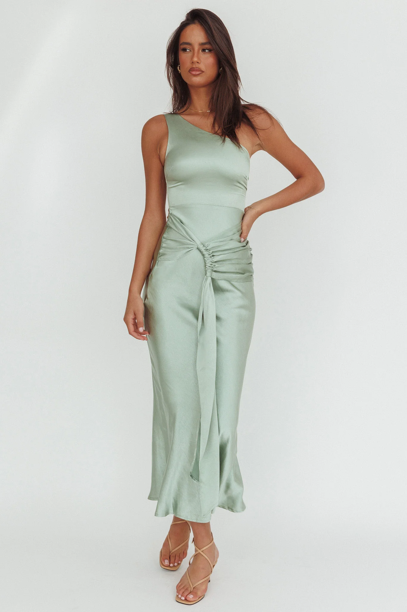 Luli One-Shoulder Waist Sash Maxi Dress Sage - Image 5