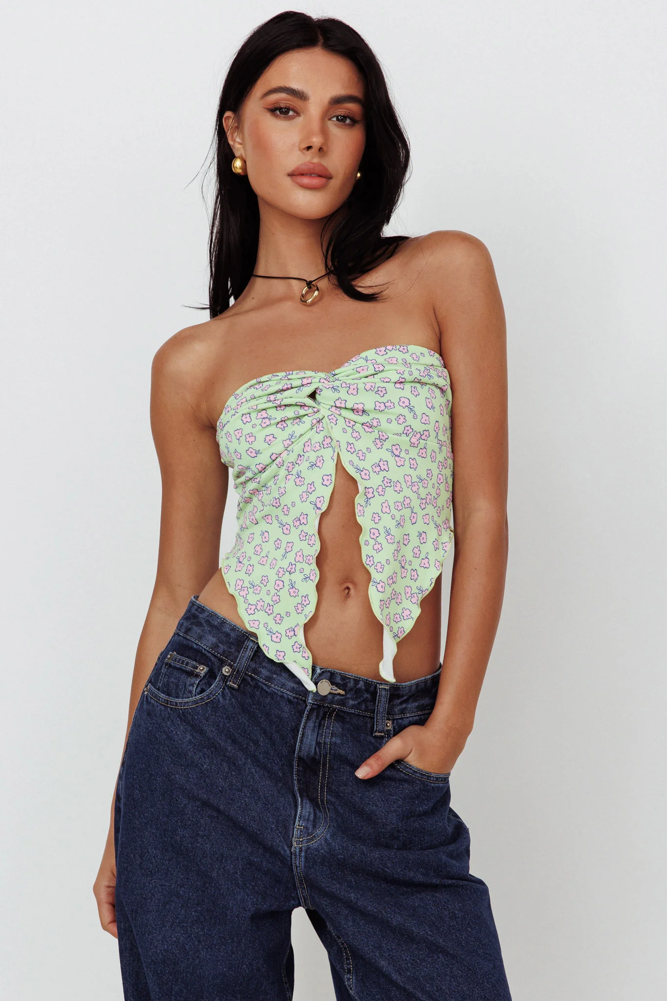 Lulu Strapless Crop Top Lime/Pink - Image 2