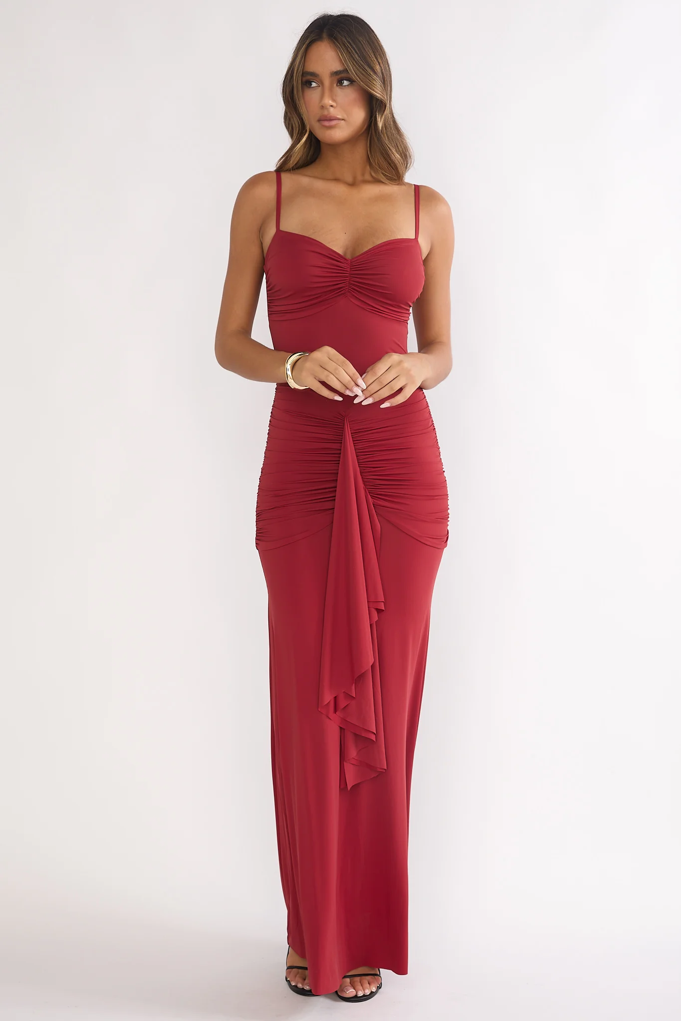 Lunara Ruched Cascade Sash Dress Wine - Image 4