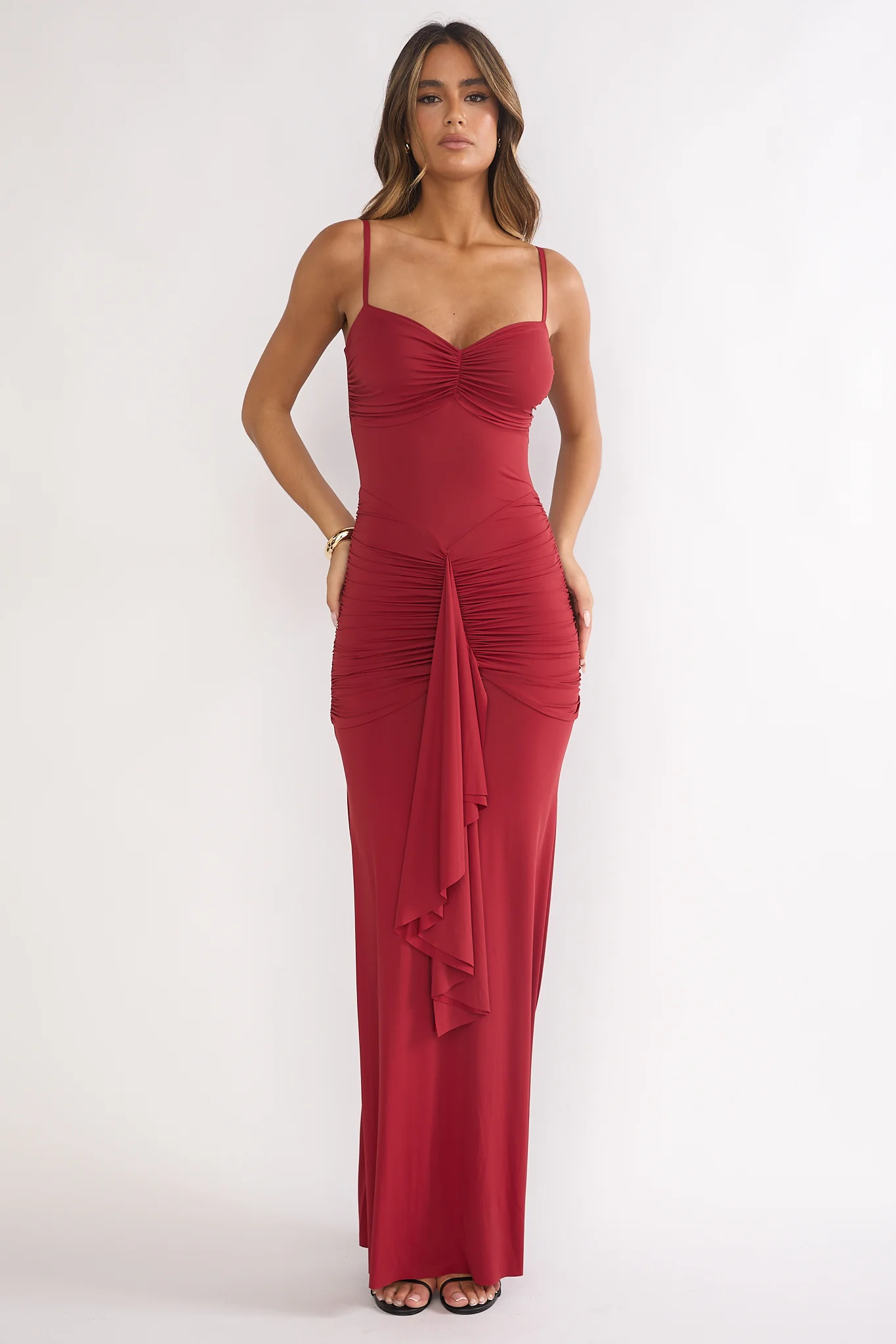Lunara Ruched Cascade Sash Dress Wine - Image 5