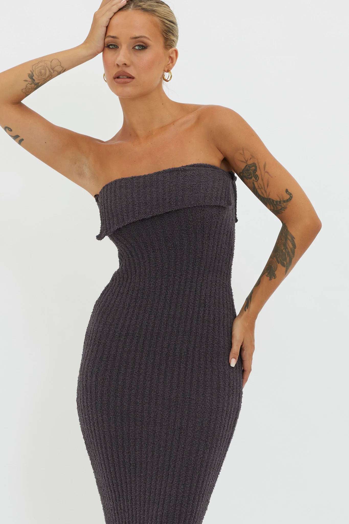Lupita Foldover Ribbed Knit Midi Dress Charcoal - Image 3