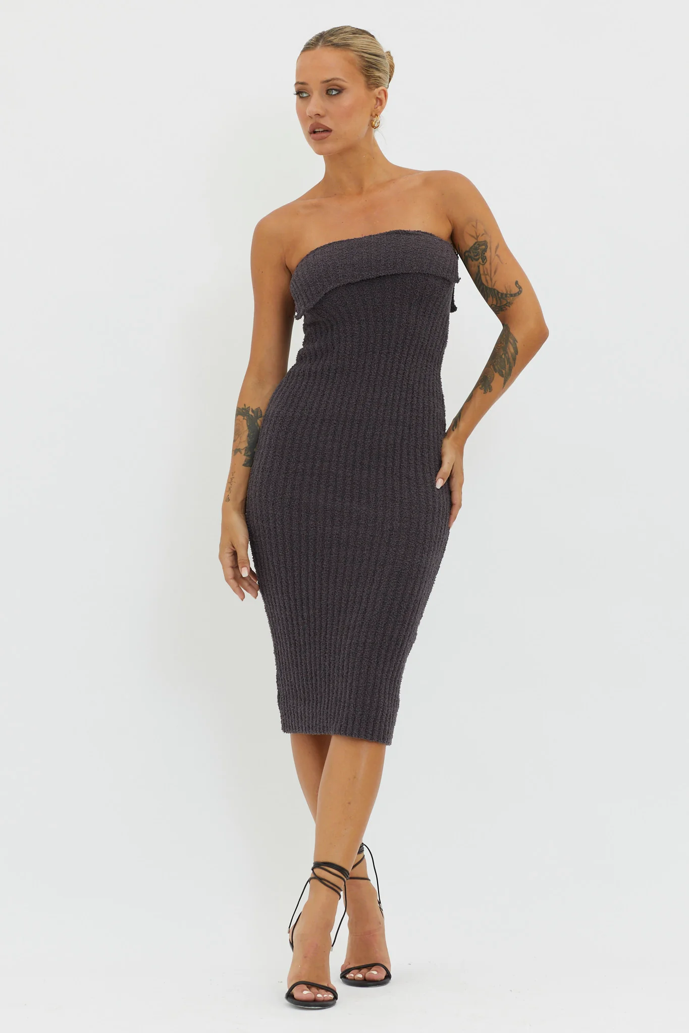 Lupita Foldover Ribbed Knit Midi Dress Charcoal - Image 4
