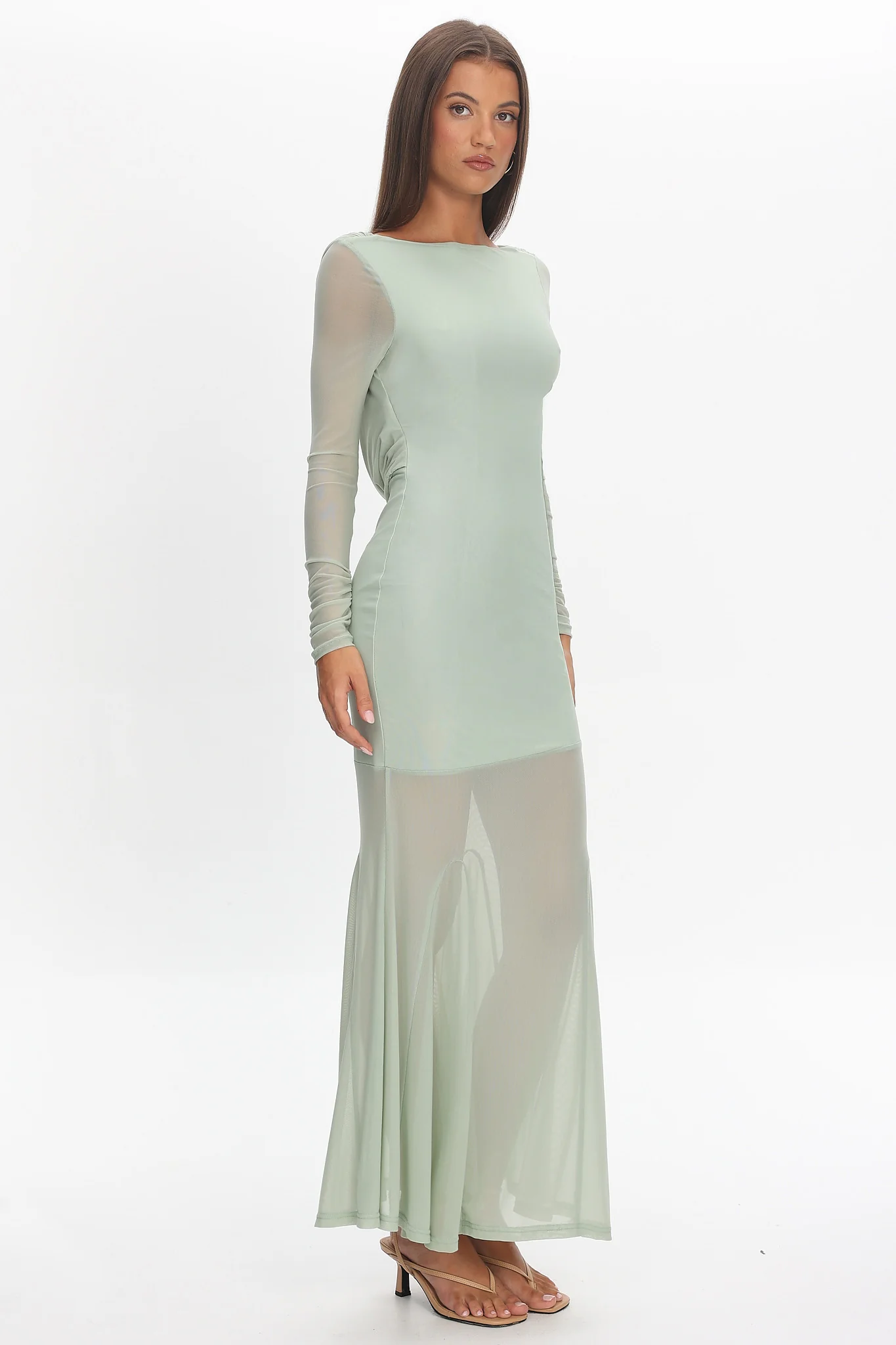 Lustre Long Sleeve Open Back Maxi Dress Sage - Image 2