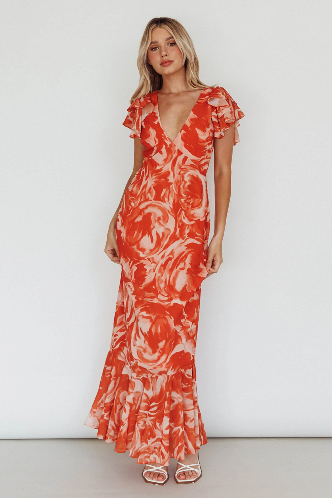 Lydiah Ruffle Sleeve Maxi Dress Floral Orange - Image 8