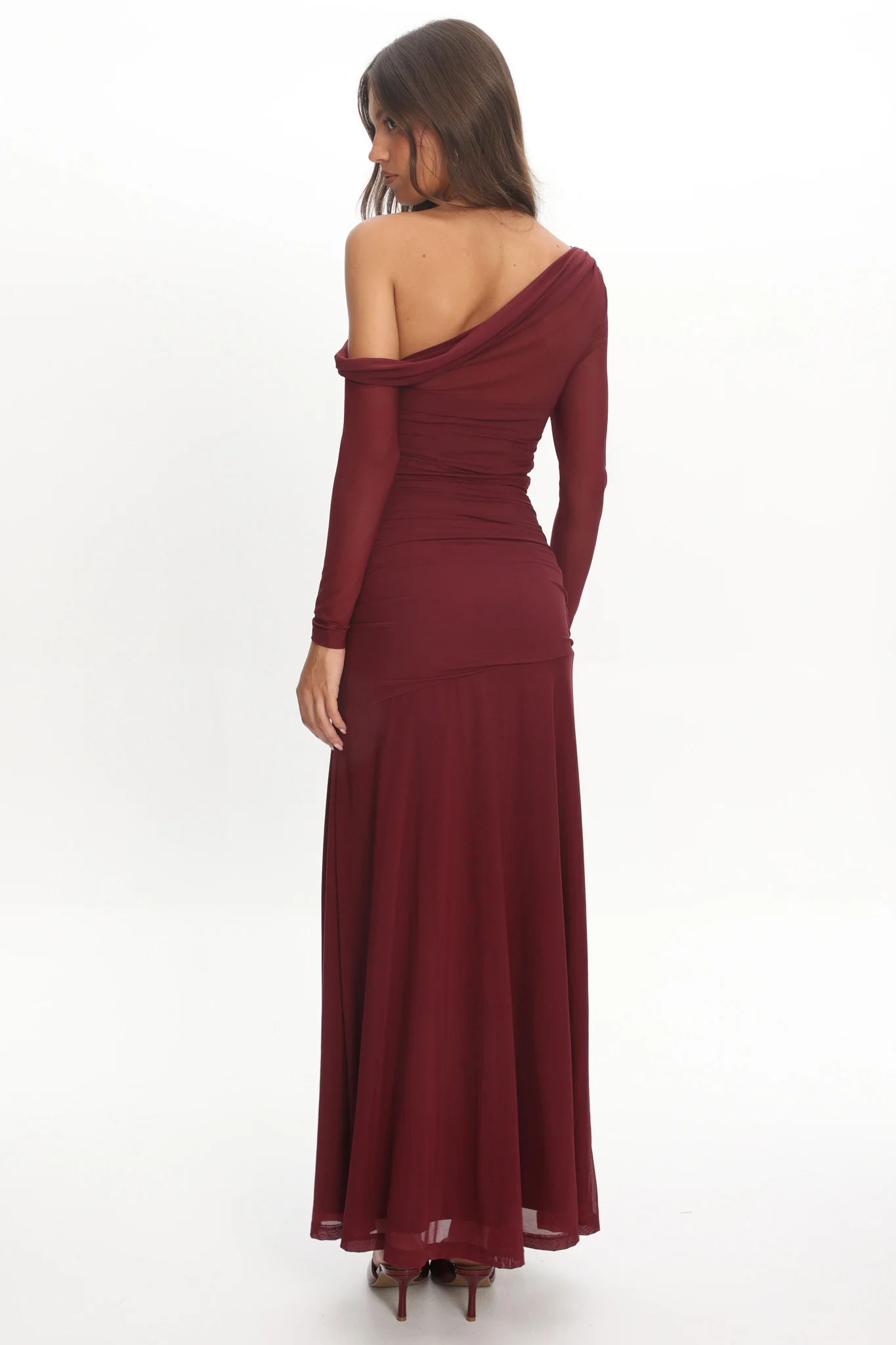 Lylah Asymmetric Neckline Long Sleeve Maxi Dress Mesh Plum - Image 2