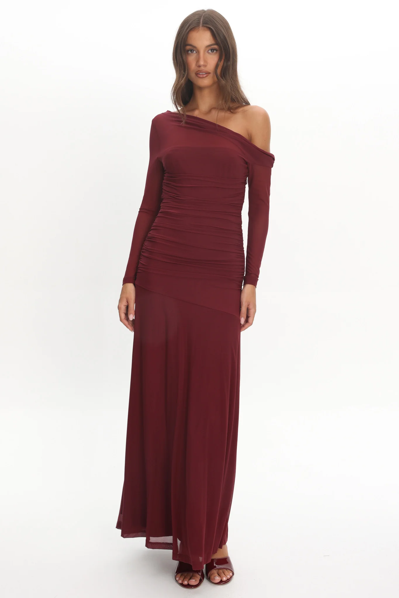 Lylah Asymmetric Neckline Long Sleeve Maxi Dress Mesh Plum - Image 4