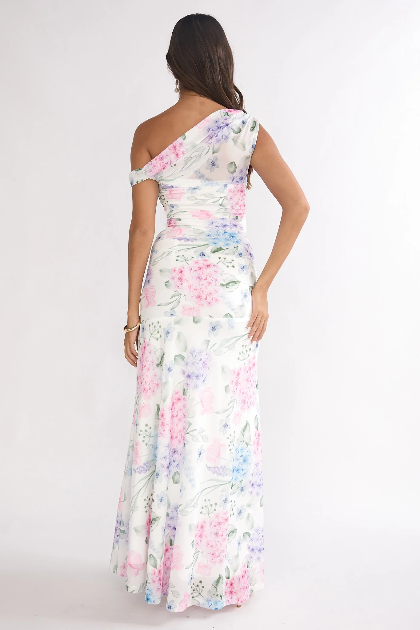 Lylah Asymmetric Neckline Mesh Maxi Dress Floral Blue - Image 2