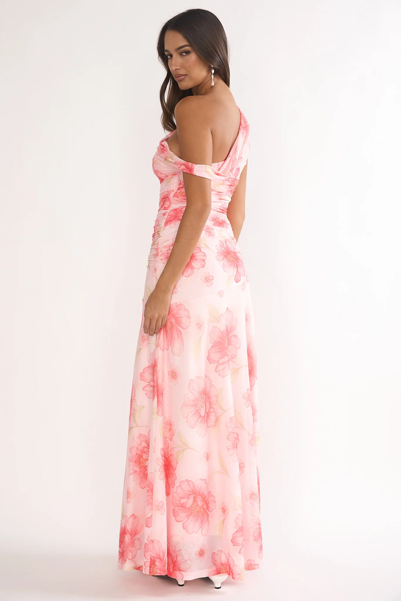 Lylah Asymmetric Neckline Mesh Maxi Dress Floral Pink - Image 2