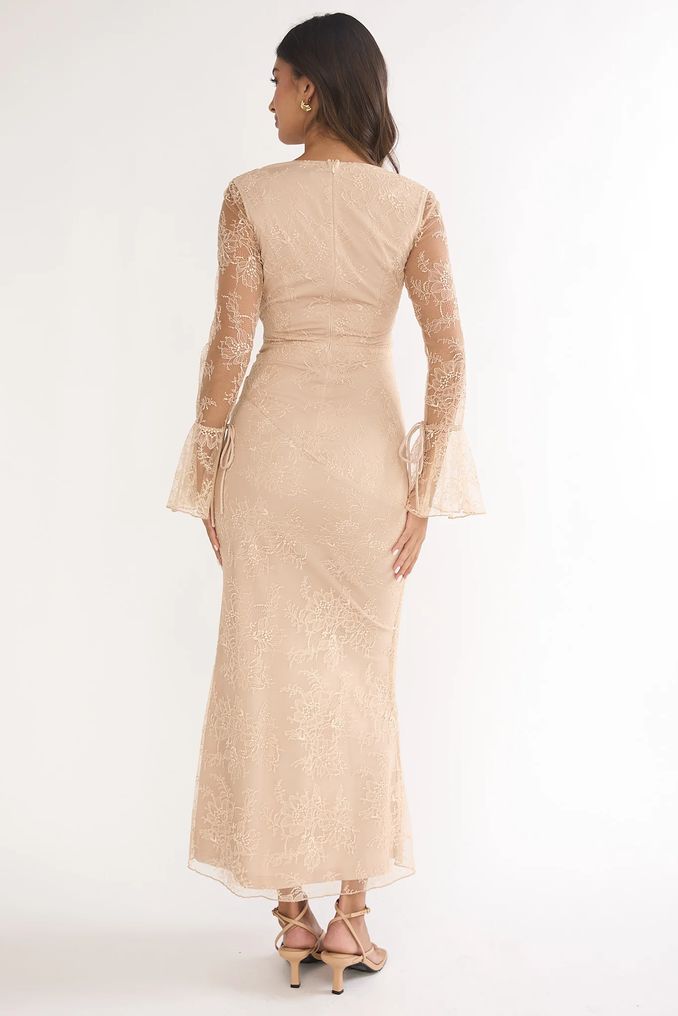 Lysandra Flared Cuff Maxi Dress Lace Beige - Image 3