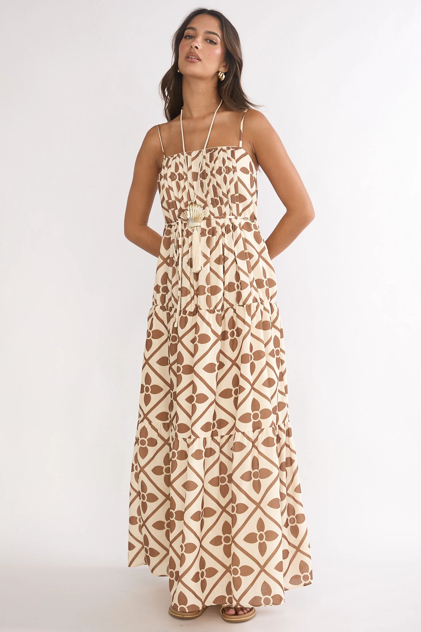 Lysette Pintuck Pleat Maxi Dress Brown Multi - Image 4
