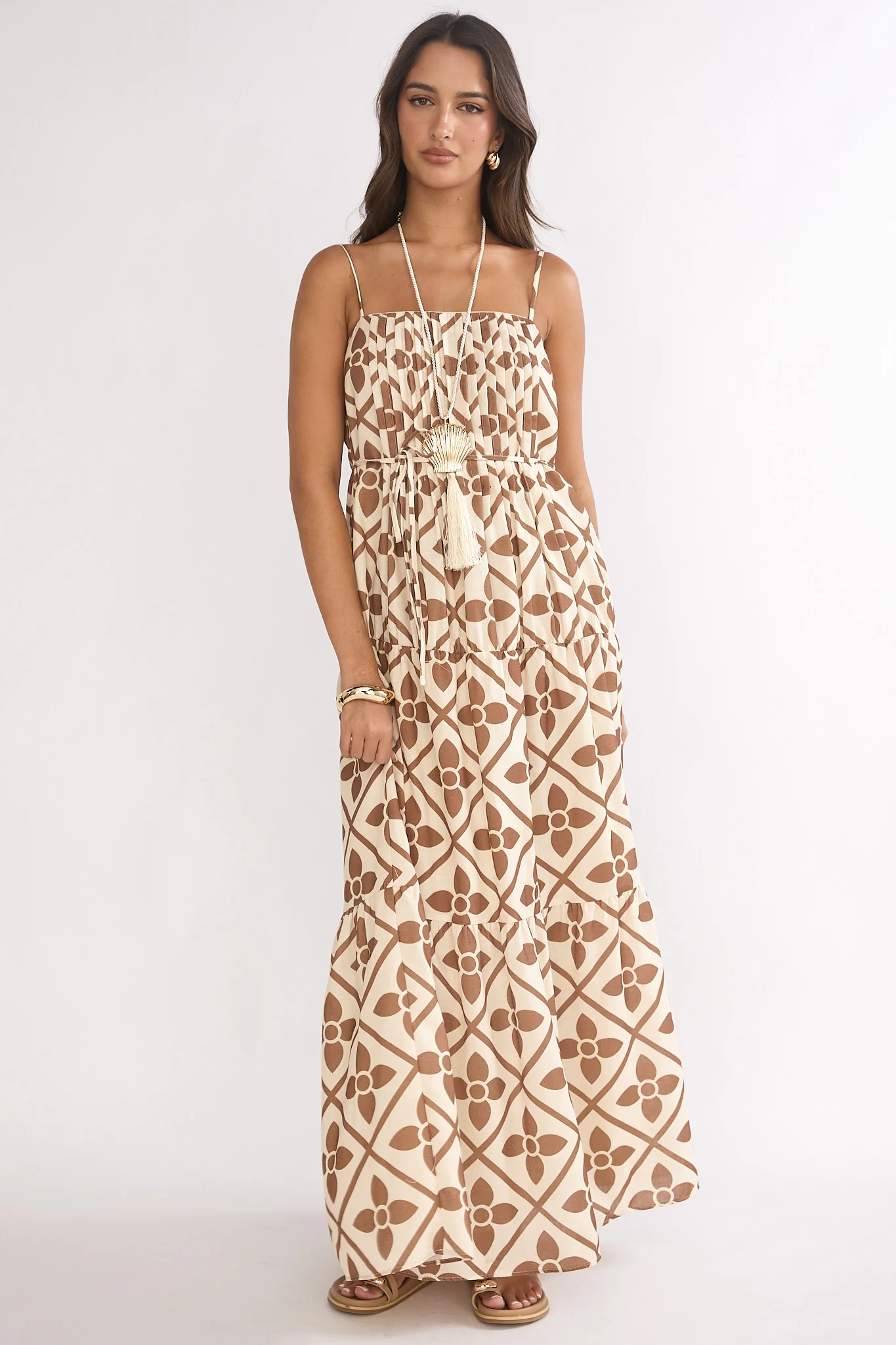Lysette Pintuck Pleat Maxi Dress Brown Multi - Image 5