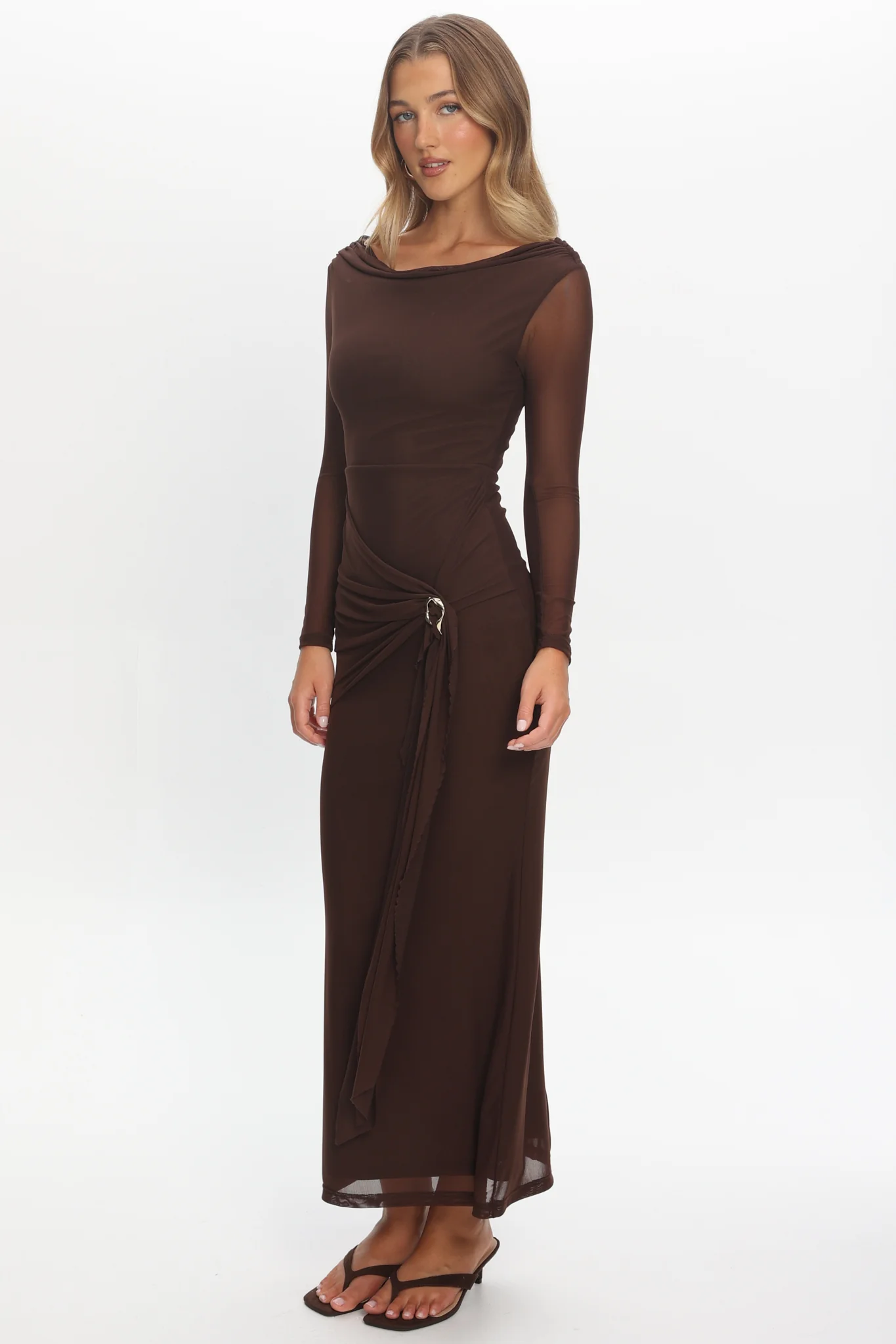 Lyssia Cowl Neck Waist Sash Maxi Dress Chocolate - Image 2