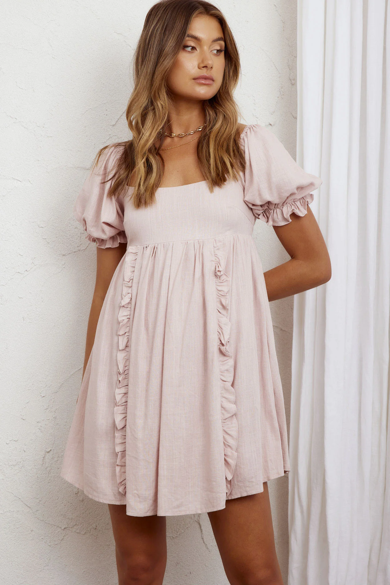 Macedonia Puff Sleeve Babydoll Dress Blush - Image 8