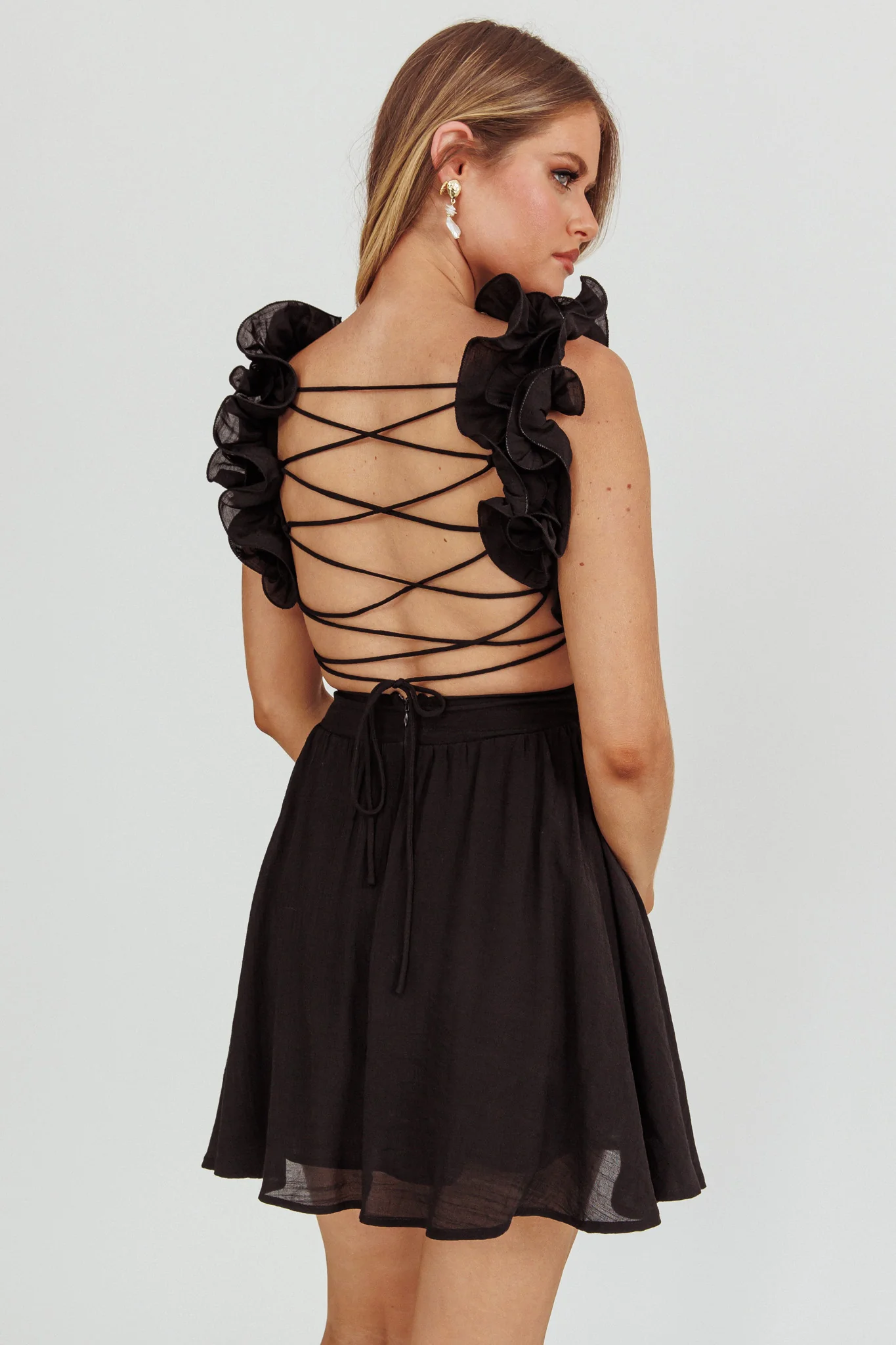 Madara Lace-Up Back Mini Dress Black - Image 4
