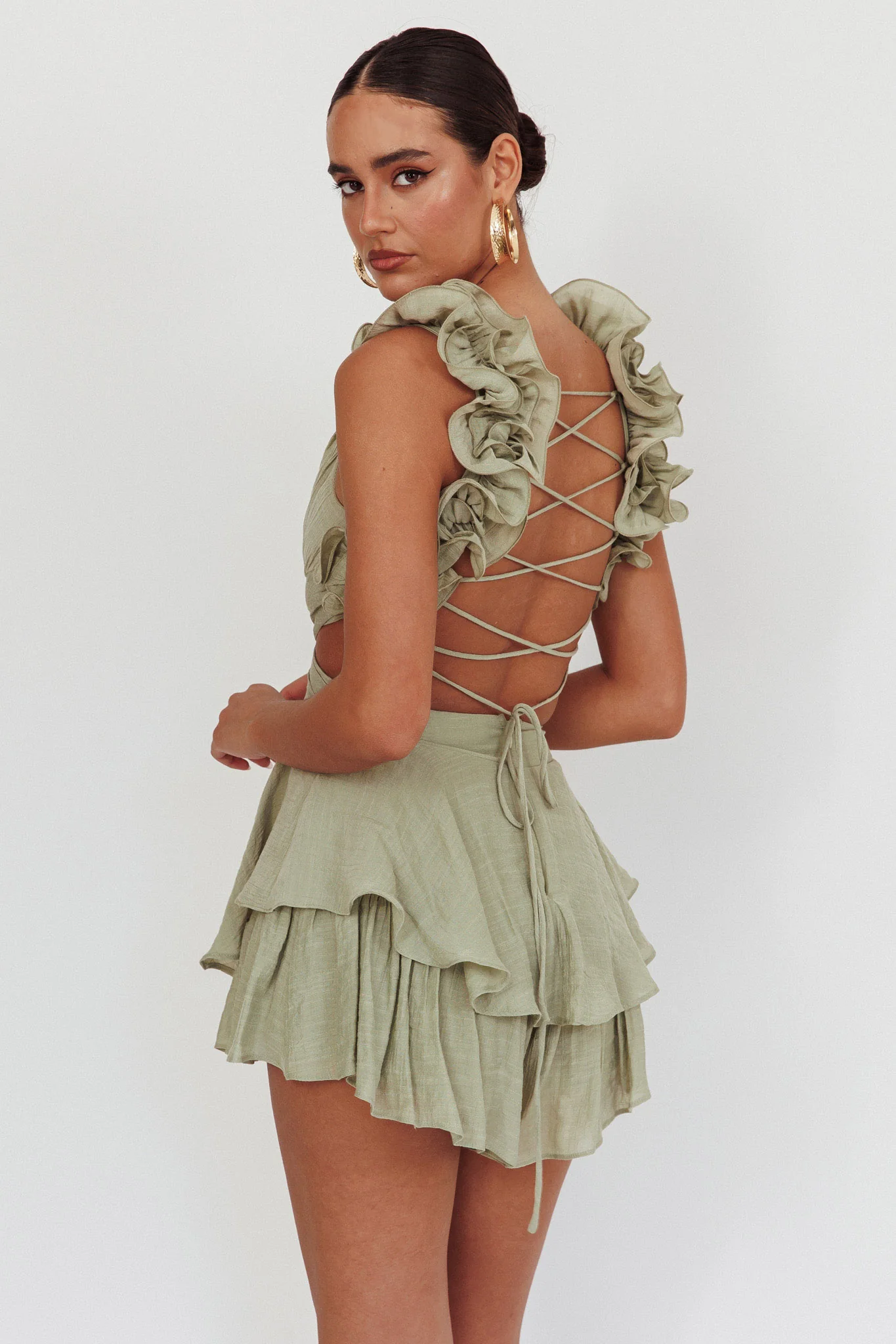 Madara Lace-Up Back Romper Sage - Image 2