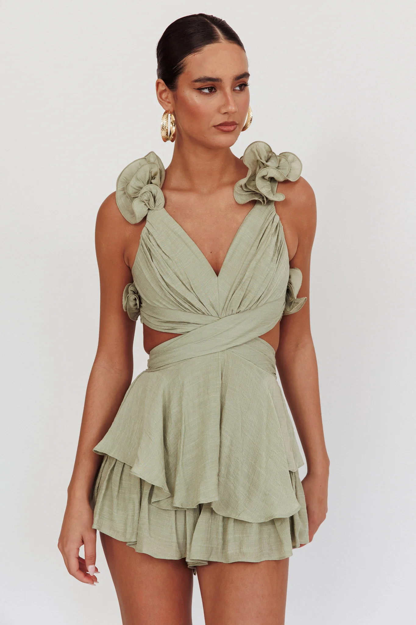 Madara Lace-Up Back Romper Sage - Image 5