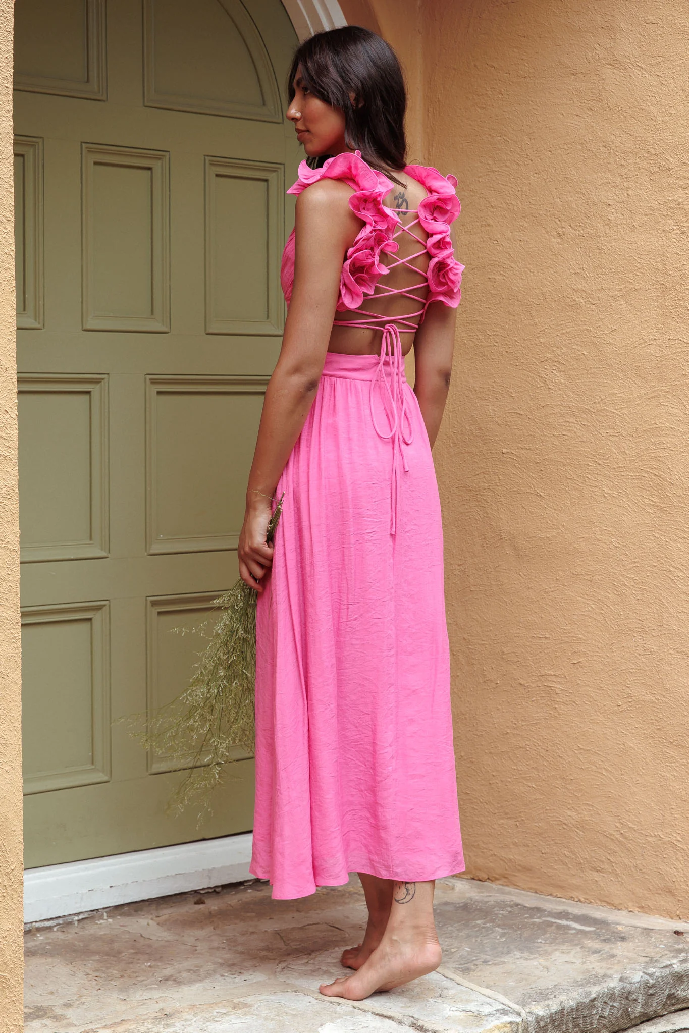 Madara Laced Back Ruffle Dress Hot Pink - Image 2