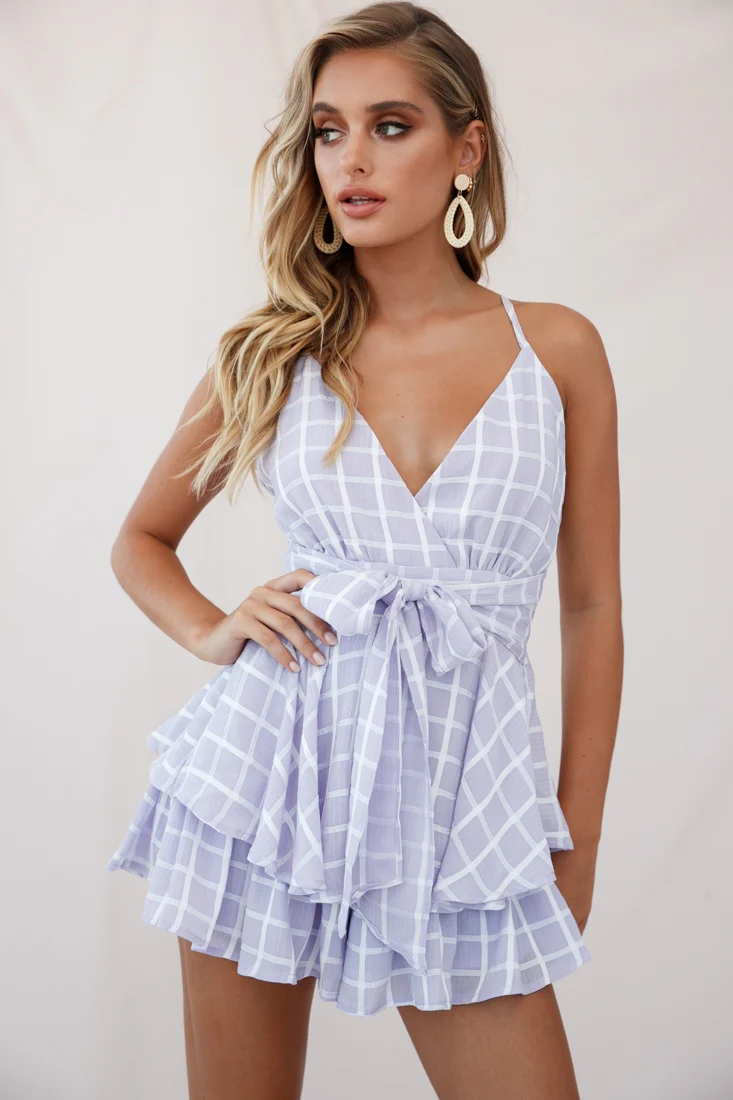 Maddox Fit & Flare Cami Strap Romper Lavender Checker Print - Image 2
