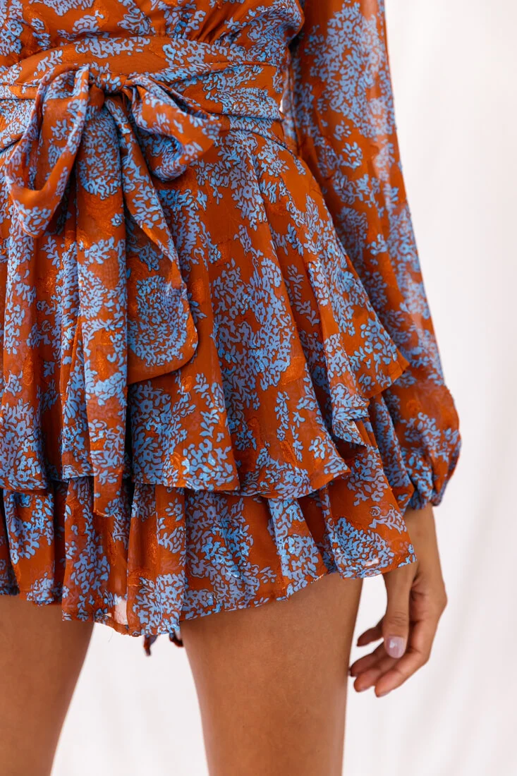 Maddox Fit & Flare Long Sleeve Floral Romper Tan - Image 4
