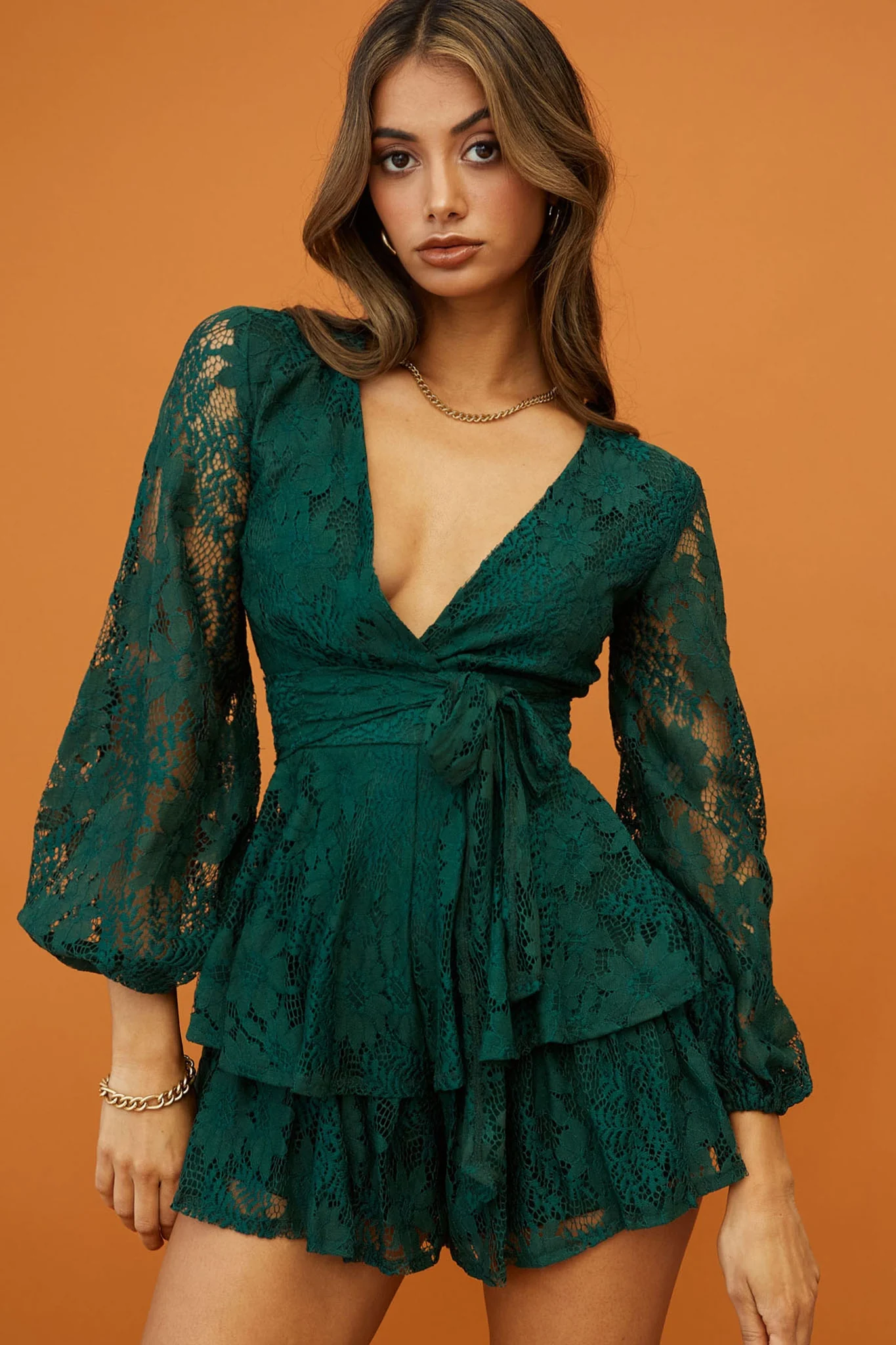 Maddox Fit & Flare Long Sleeve Romper Floral Lace Forest Green - Image 2