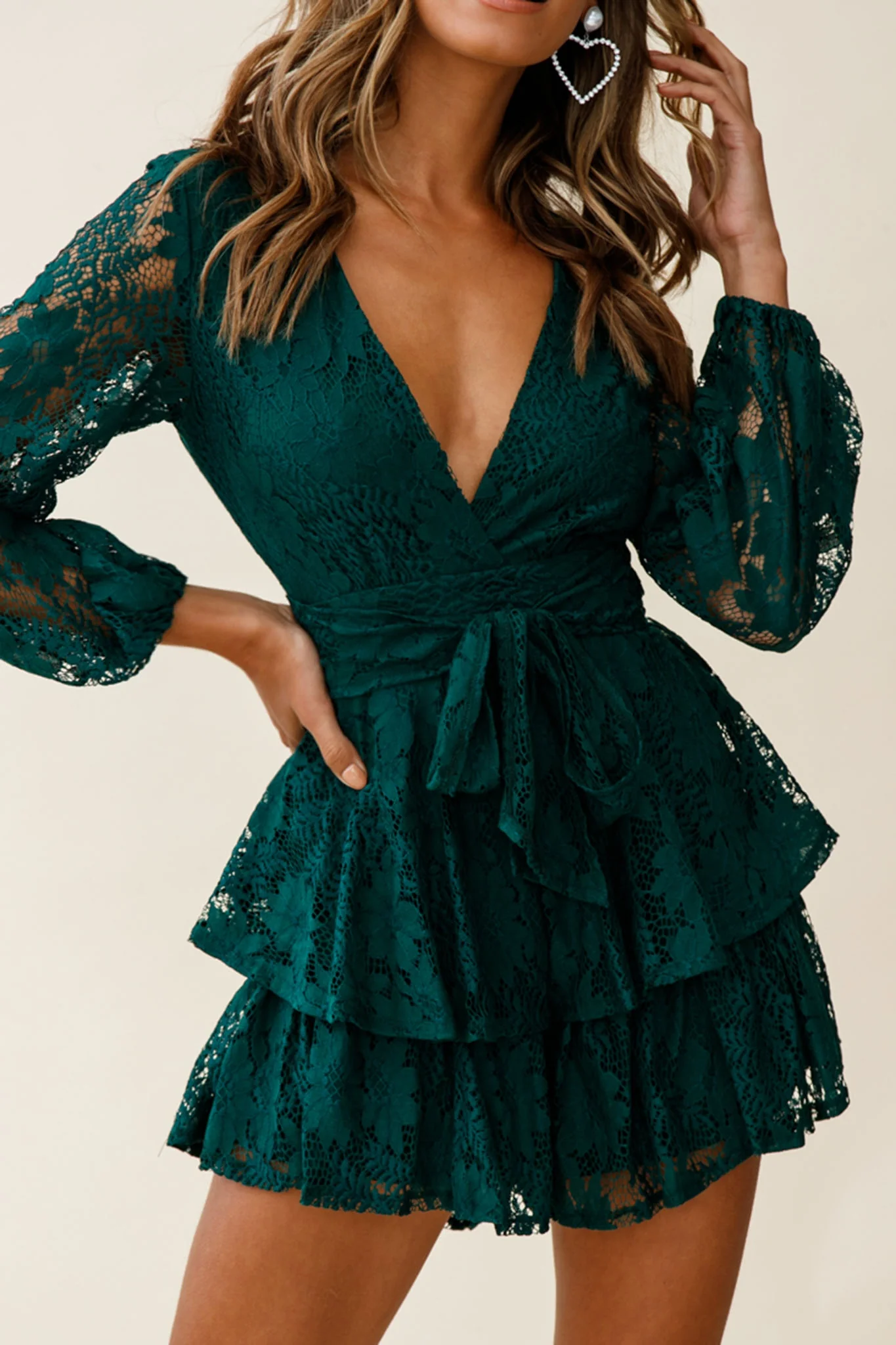 Maddox Fit & Flare Long Sleeve Romper Floral Lace Forest Green - Image 8