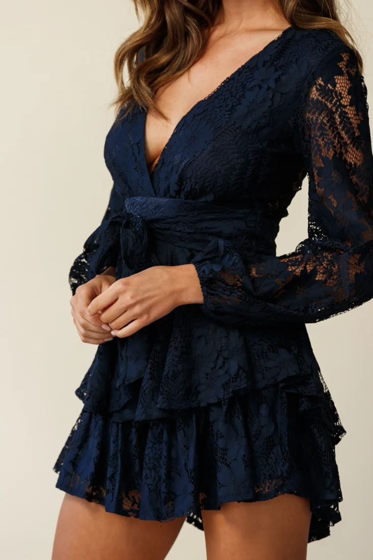 Maddox Fit & Flare Long Sleeve Romper Floral Lace Navy - Image 6