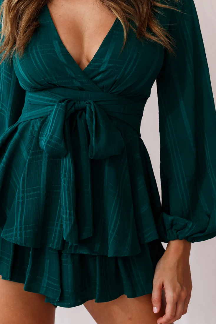 Maddox Fit & Flare Long Sleeve Romper Forest Green - Image 5
