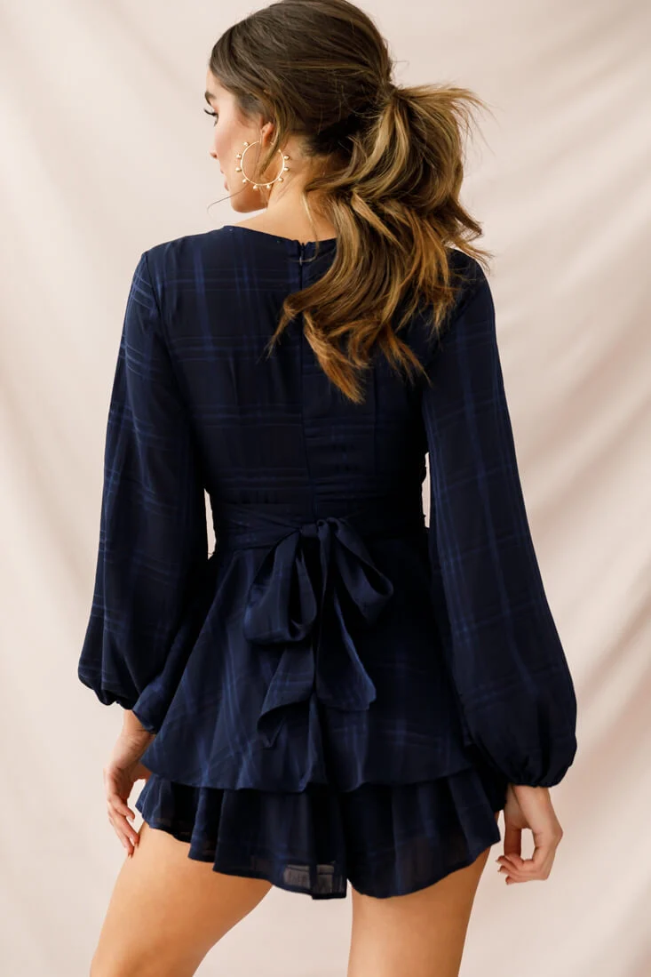 Maddox Fit & Flare Long Sleeve Romper Navy - Image 3